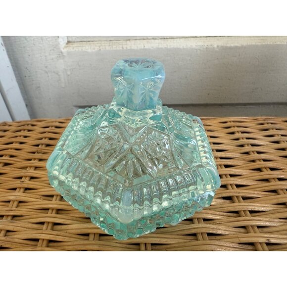 Vintage 50's Fenton Glass Hobstar Blue Opalescent Hexagon Footed Trinket Box - Picture 3 of 9